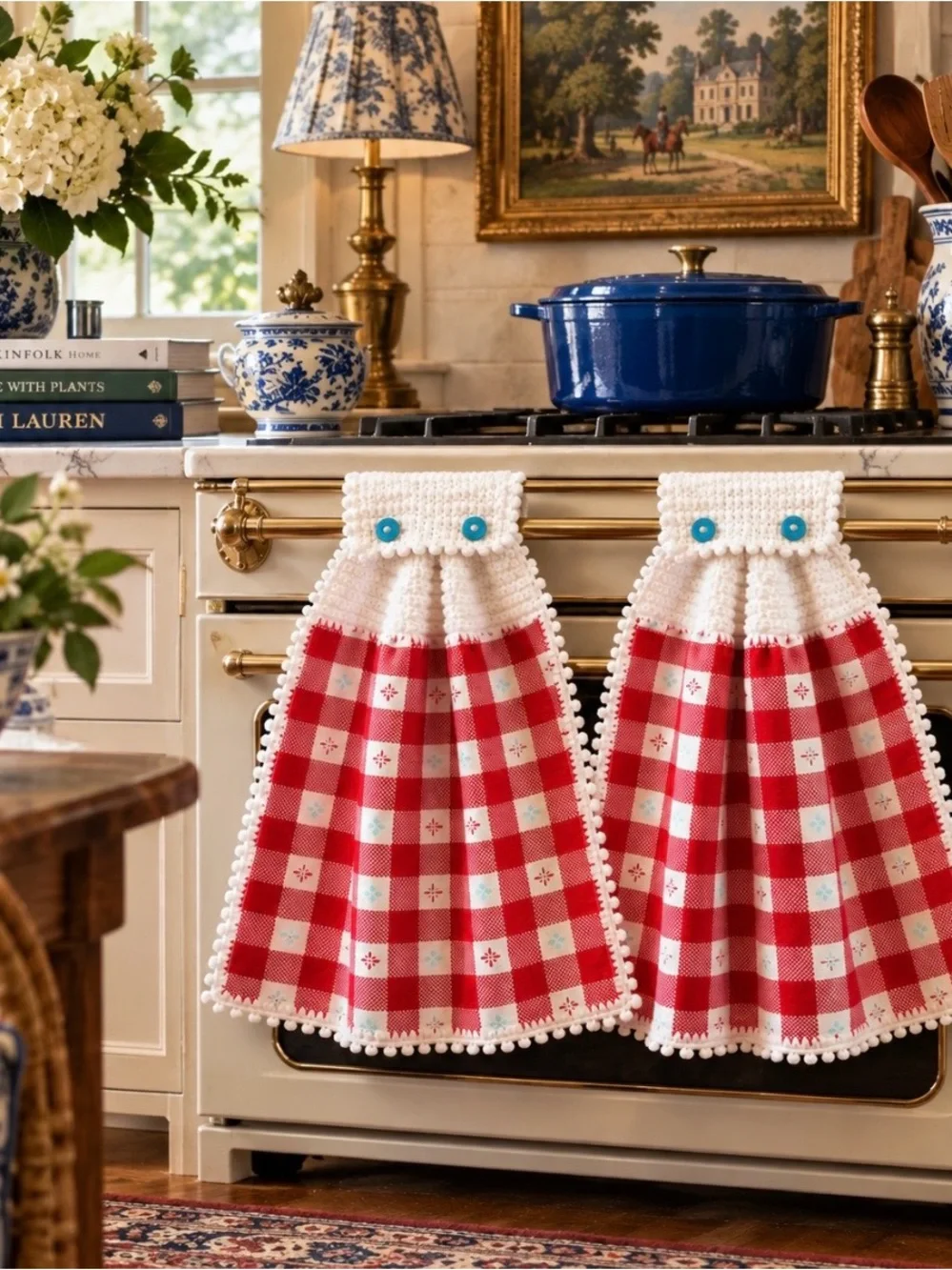 Pioneer Woman Crochet Hanging Kitchen Towels Pair Red Check